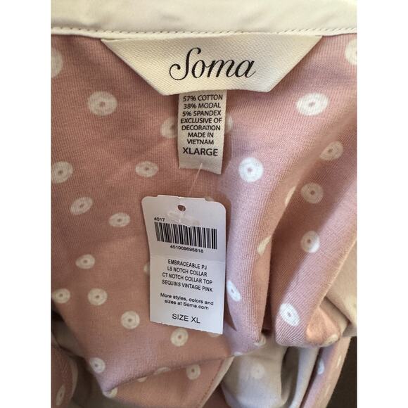 NWT Soma Embraceable Pj Top Perfume Sequin Pocket Pink White Circle Print XL - Picture 4 of 11